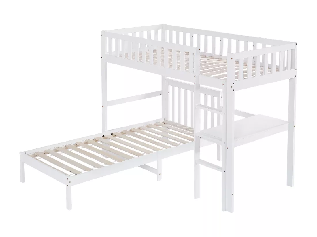 Lit superposé 90x200cm en bois massif - avec une table et échelle - Blanc
