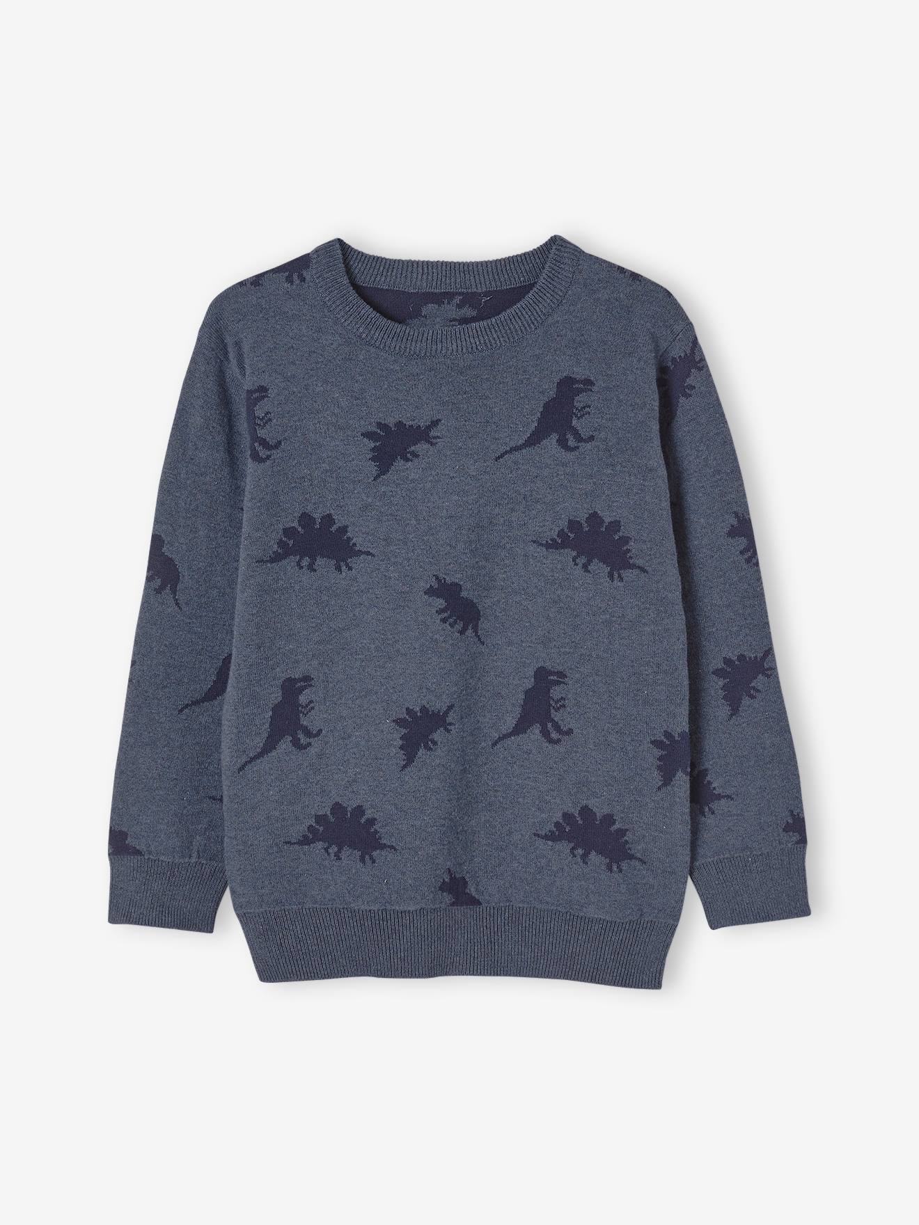 Camisa de malha jacquard com estampa de dinossauros, para meninos, tamanho médio azul mesclado.
