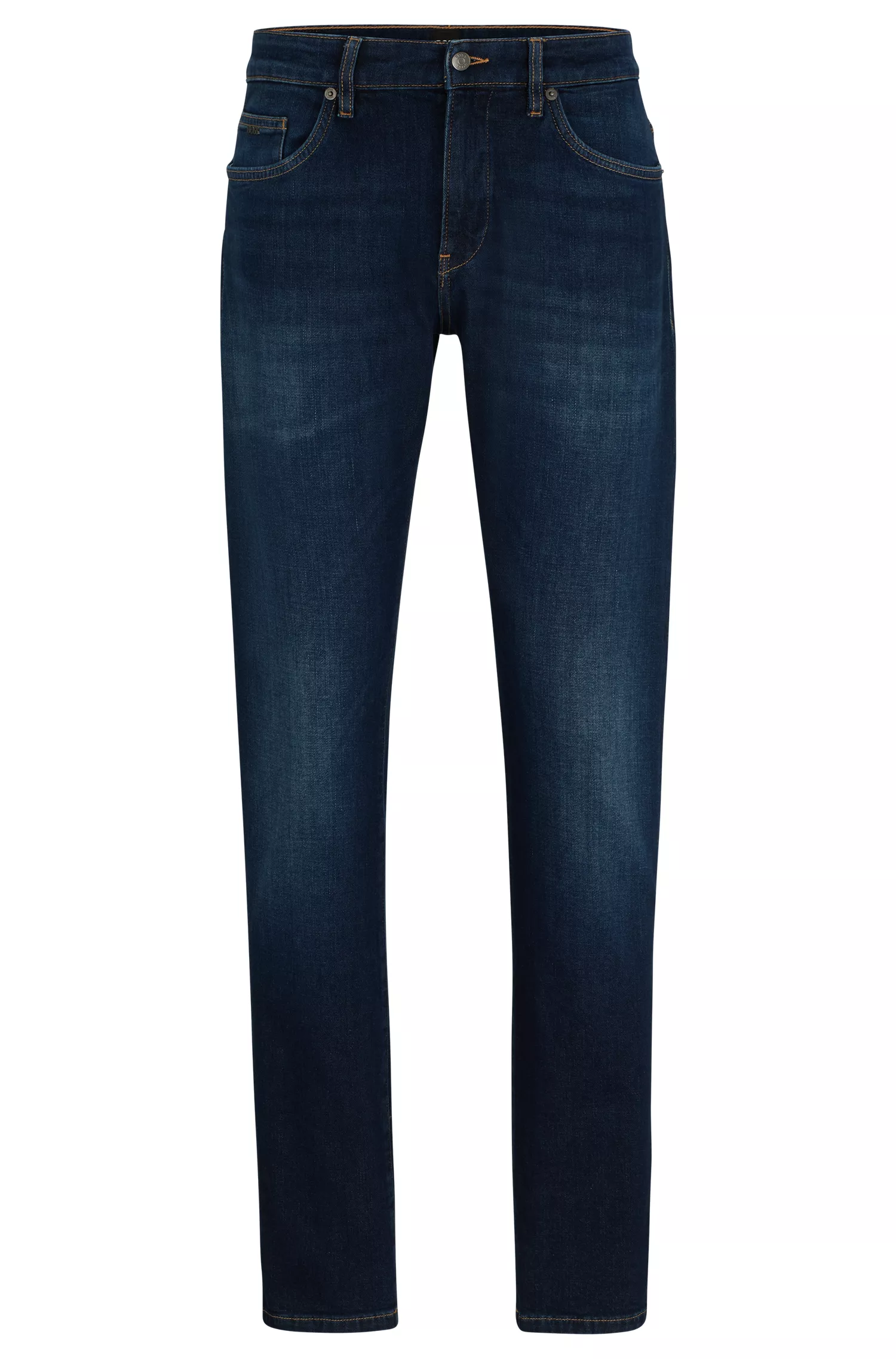 Calça jeans BOSS preta, corte slim, em denim italiano azul com toque de cashmere.
