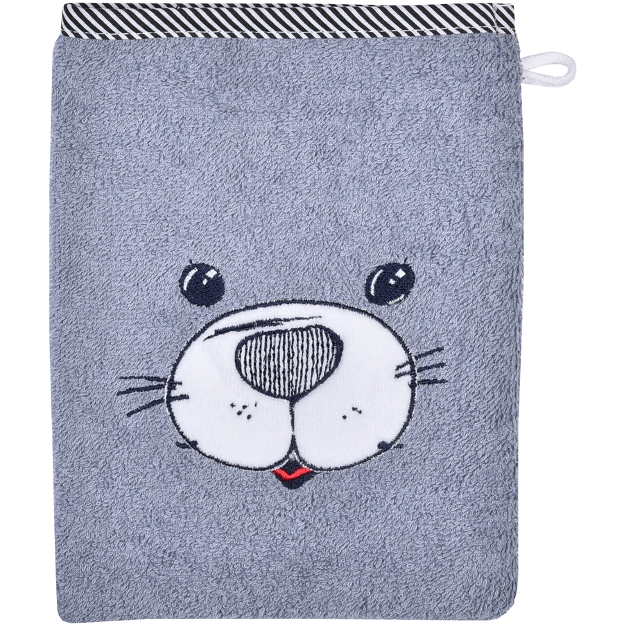 WÖRNER SÜDFROTTIER Set Kapuzenbadetuch und Waschhandschuh Seehund grau 80 x 80 cm