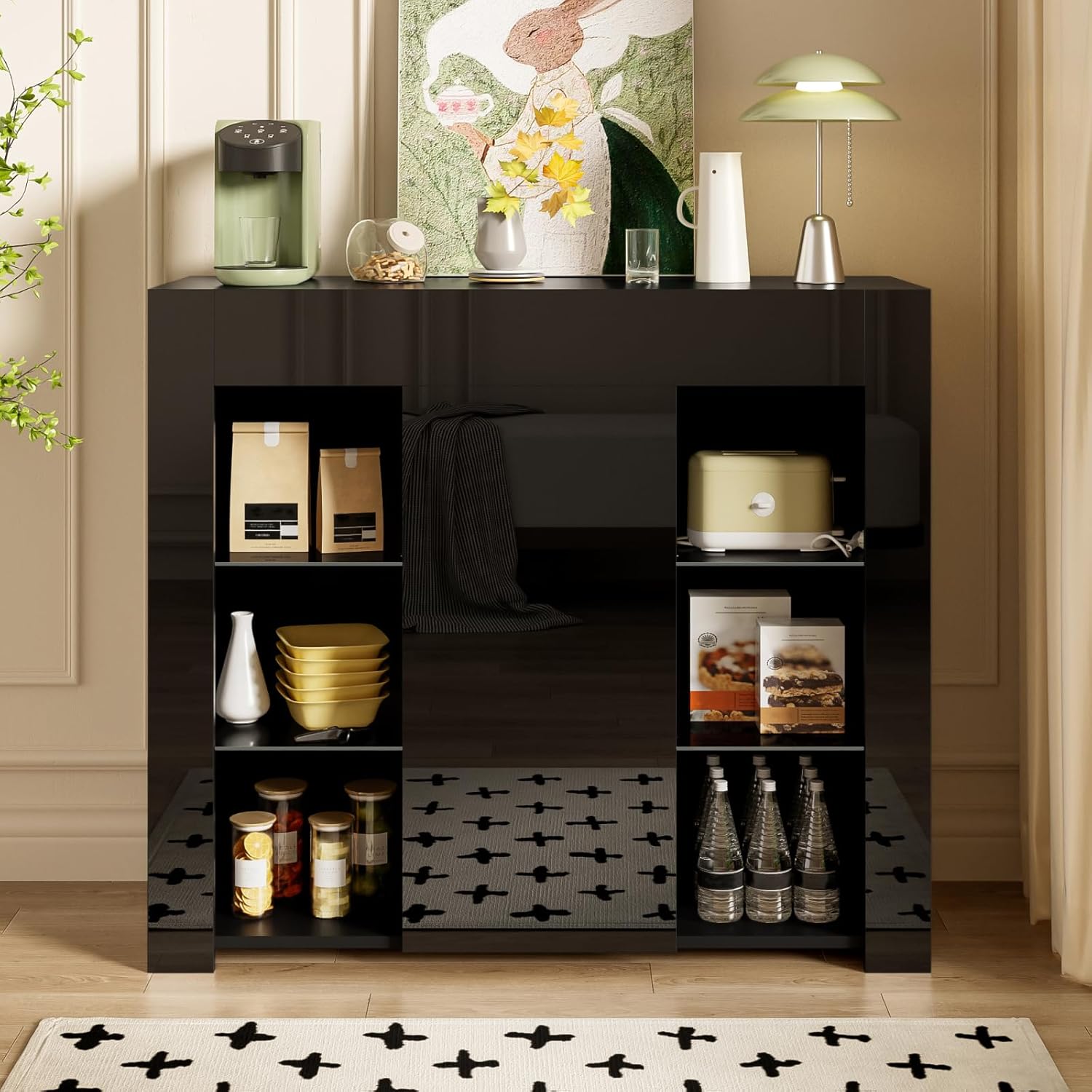 Sideboard mit Türen, Küchenschrank mit Glasböden und Trennwände, Modernes Kommode mit Stauraum, für Küche, Wohnzimmer & Esszimmer, Griffloses Design, 95x35x83cm, Schwarz