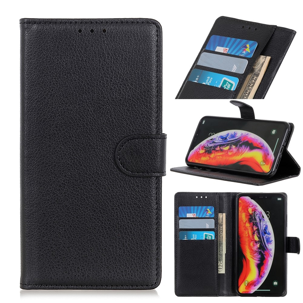 Samsung Galaxy A40 Leder Tasche Flip Cover Litchi Look - Schwarz