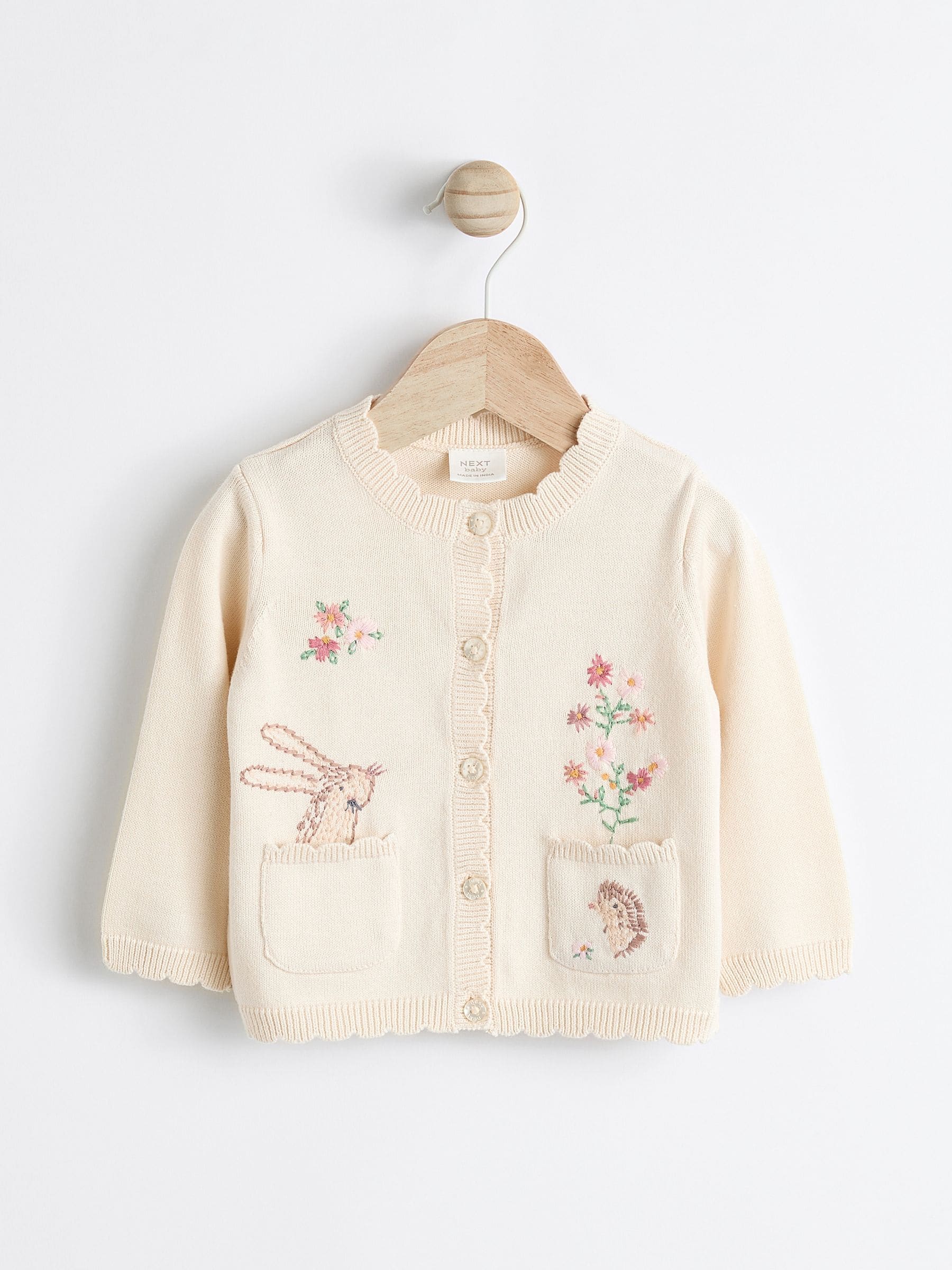 Crèmekleurig met konijn - 100% katoenen Pointelle gebreid Baby vest met bloemenpatroon (0mnd -3jr)