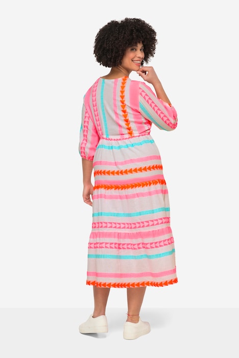 Maxikleid, A-Linie, Jacquard-Streifen, V-Ausschnitt, 3/4-Ärmel