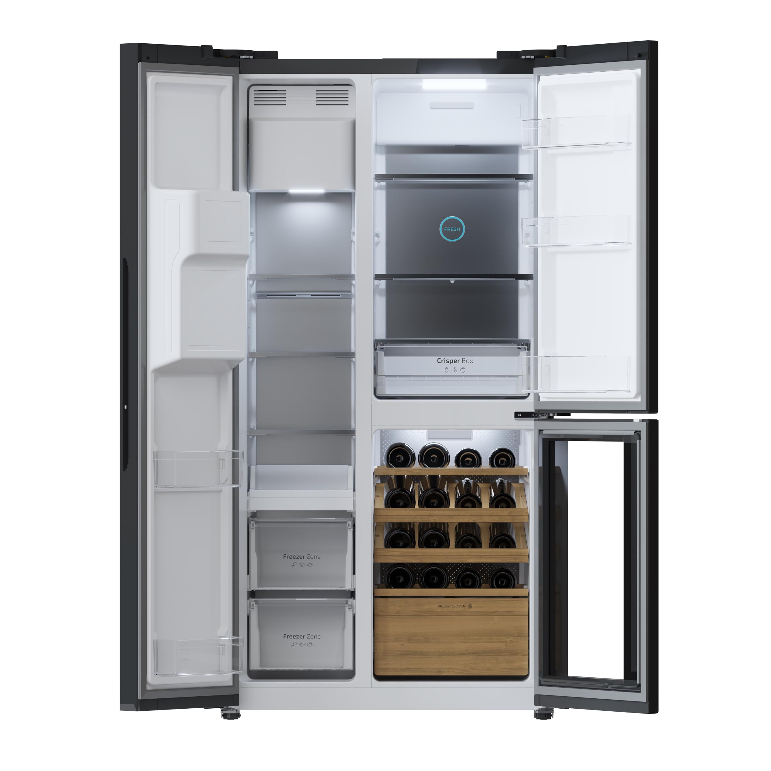 Cecotec Réfrigérateur avec 3 portes Bolero CoolMarket TDW 529 WID Black Glass E. Réfrigérateur 3 portes noir, cave à vin, 529L, Inverter Plus, Total N