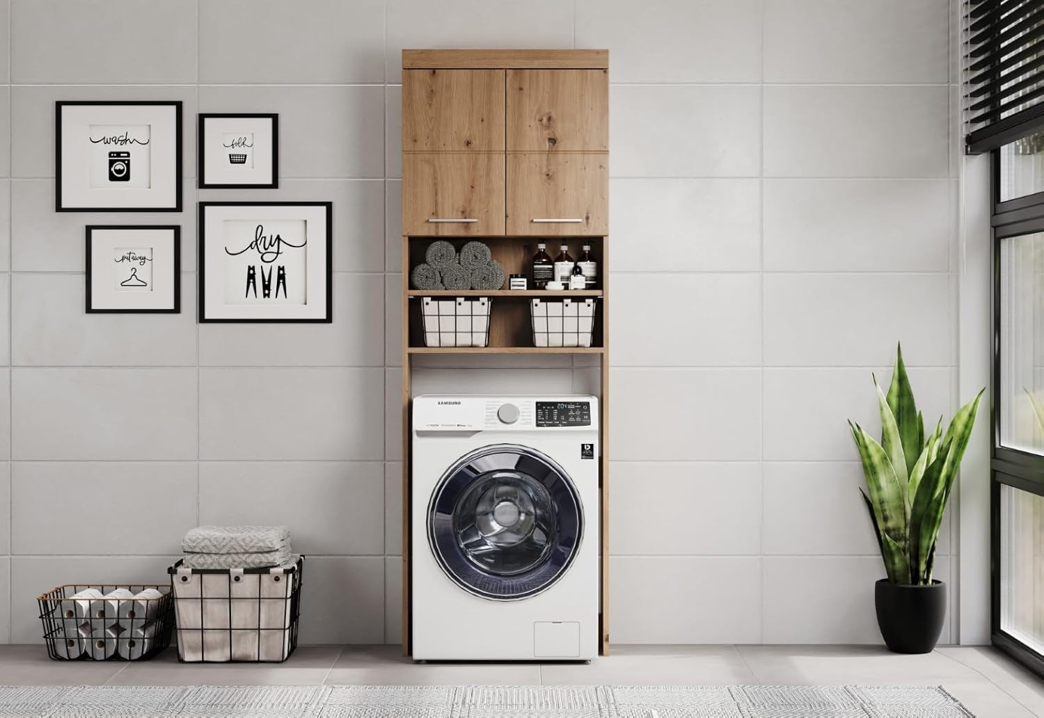 trendteam smart living - Amanda - Waschmaschinenüberbau - Asteiche - 2 offene Fächer + 3 Einlegeböden - (BxHxT) 63 x 187 x 24 cm - Kratzfest