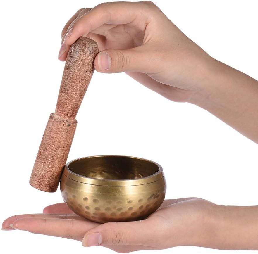 (Ø8cm) Tibetische Messing Klangschale Handgehämmerte Meditations Glocke inkl. Holz Klöppel - Gold