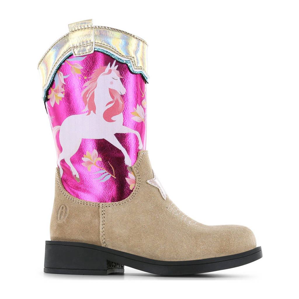 Shoesme suède cowboylaarzen beige/fuchsia