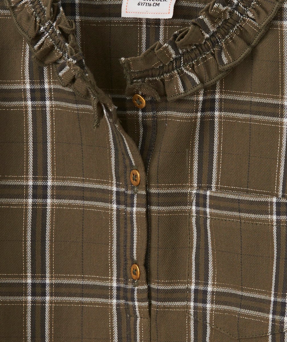 CHEMISE À CARREAUX KAKI ET LISERÉS COULEUR DORÉE FRONCÉ AU COL FILLE