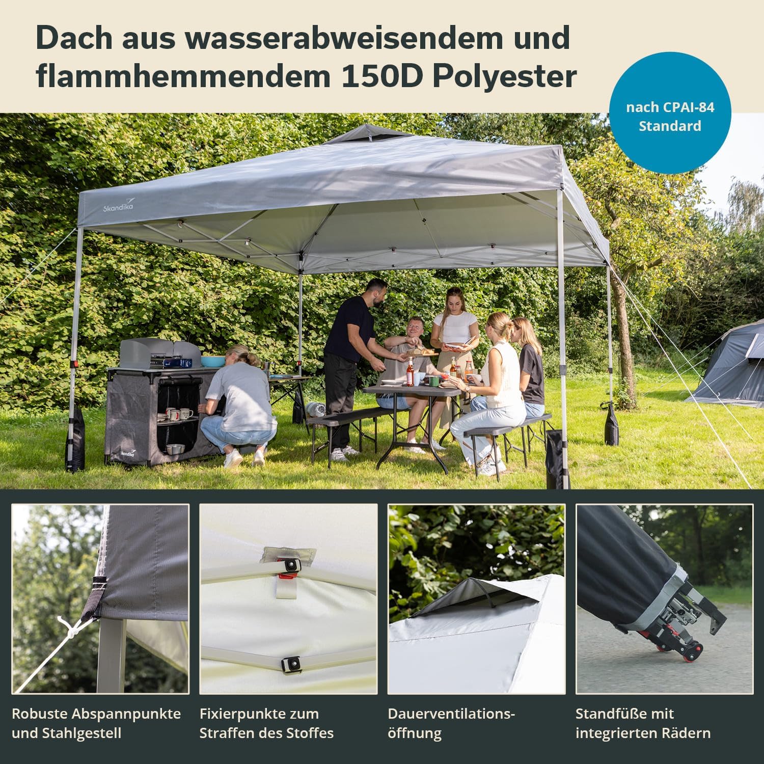 Skandika Pavillon Solvorn 3,6 x 3,6 m | patentierter Einhand-Mechanismus, Pop Up Faltpavillon mit Stahlgestell, UV-Schutz 50+, wetterfest, feuerfest CPAI-84, 3 m Höhe, Partyzelt | Garten, Camping