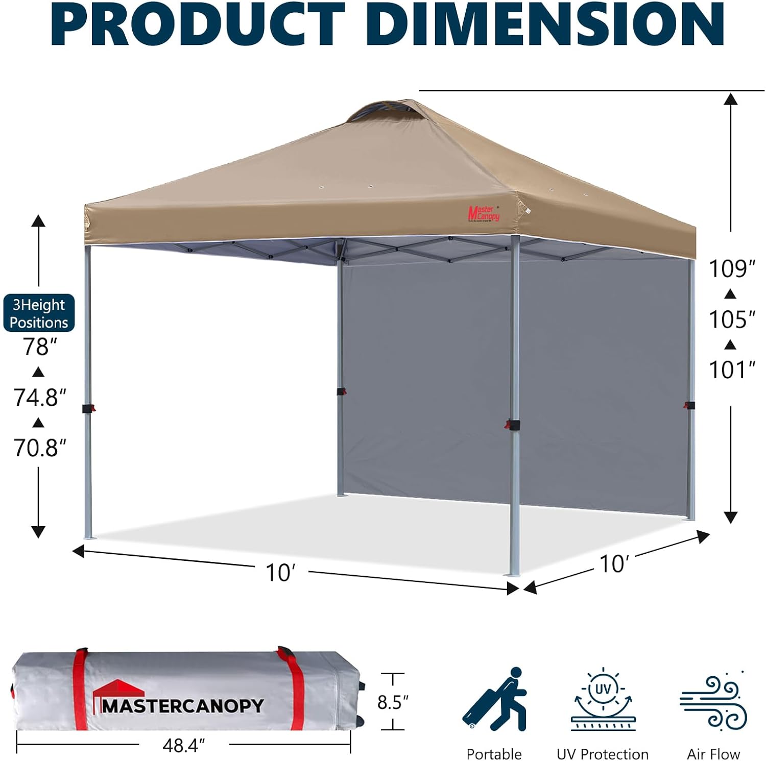 MASTERCANOPY Pop-up-Pavillon Faltpavillon Festzelt mit Entlüftung & 1 Seitenwand/Seitenteil für Markt, Garten, Events