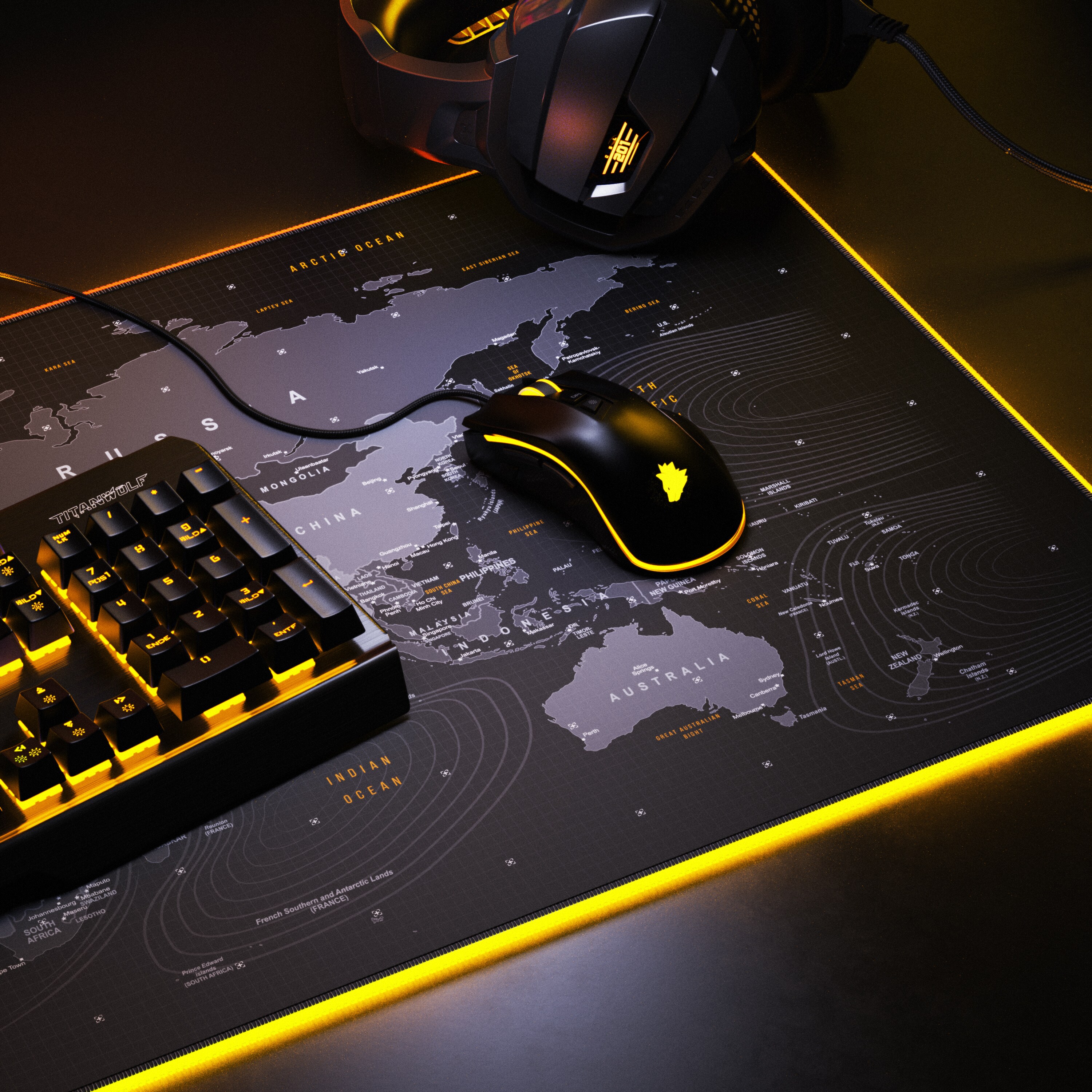 Titanwolf RGB Gaming Mauspad, Mousepad 900 x 400 mm, verbessert Präzision & Geschwindigkeit, Weltkarte Global
