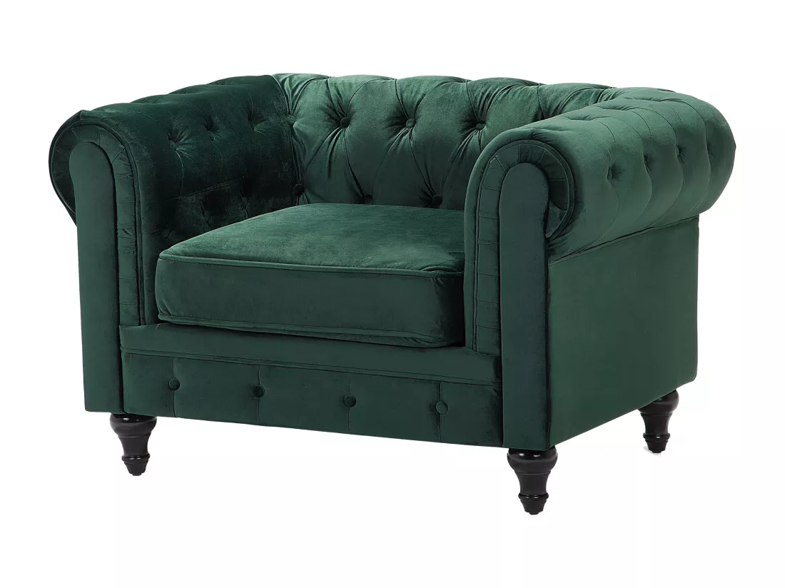 Ensemble canapé et fauteuil en velours vert 4 places CHESTERFIELD
