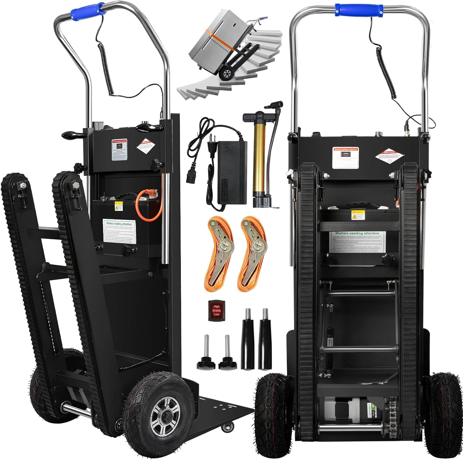 1250W Elektrische Sackkarre mit Gummiketten, Elektrischer Treppensteiger 900lbs Tragkraft, Treppen & Abstiege BewäLtigen, Schwere Treppensteiger mit Sicherheitsseil & Luftpumpe für Möbeltransportieren