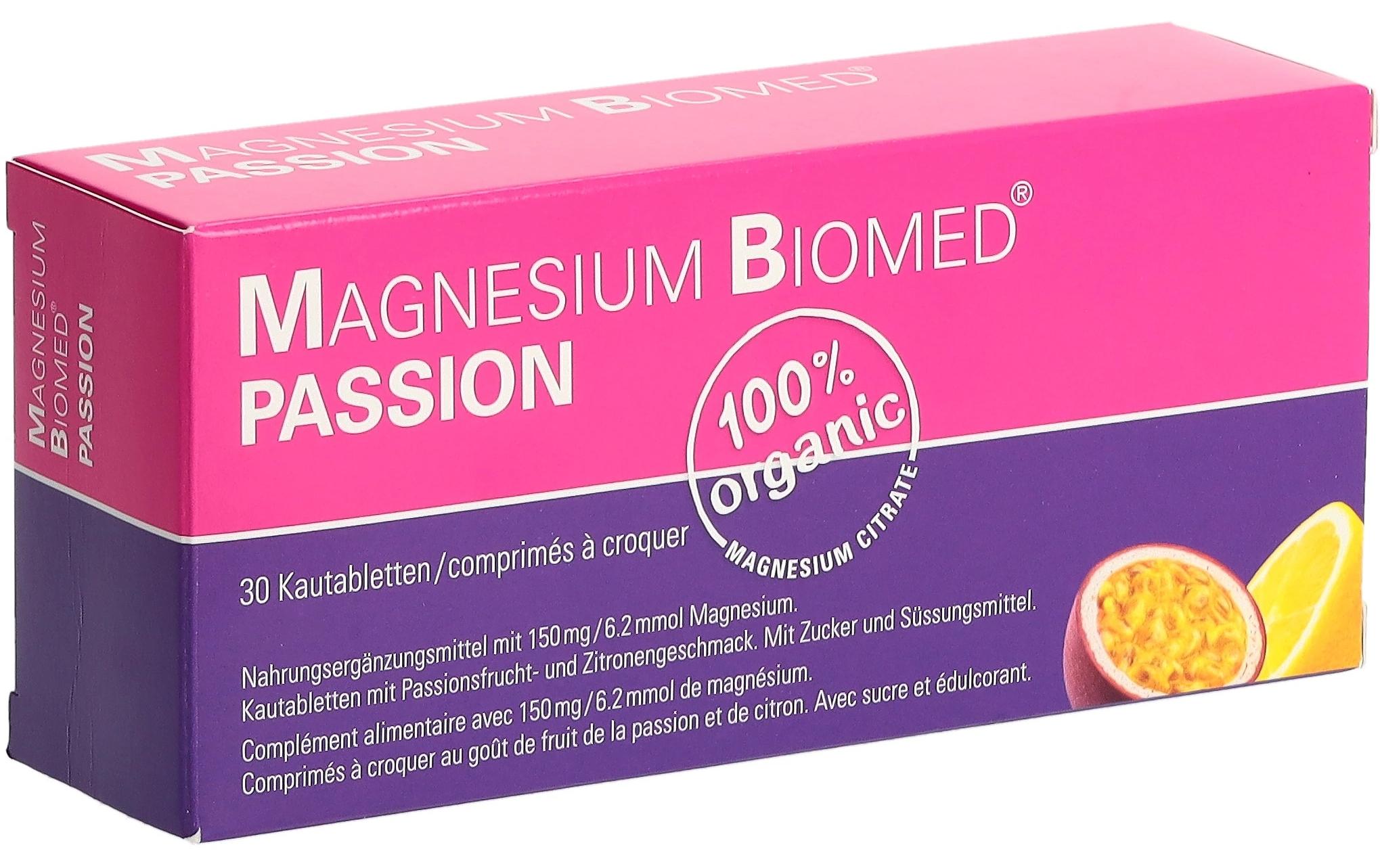 Tablette Magnesium Biomed Passion 30 StückKautabletten mit Passionsfrucht- und Zitronengeschmack