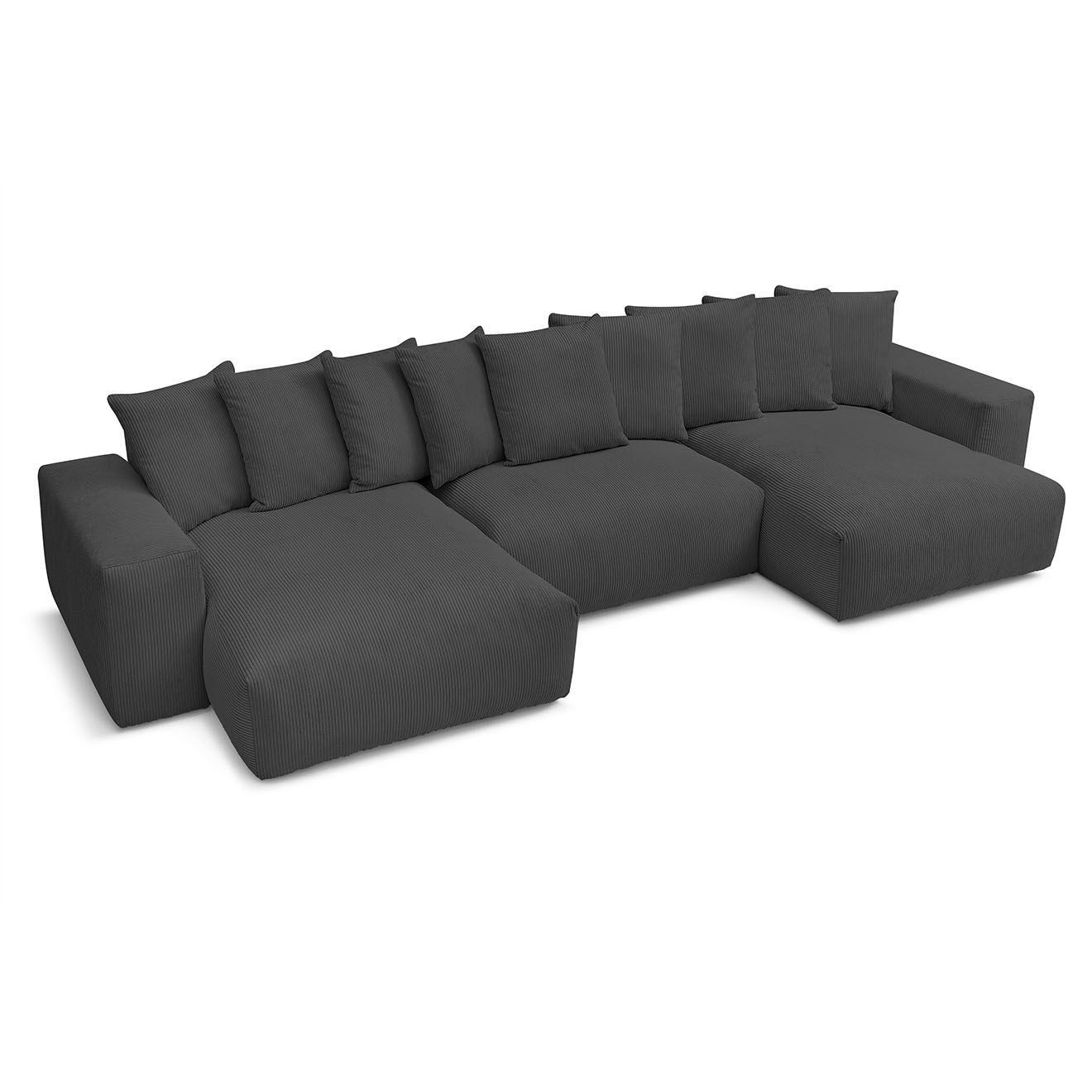 Bobochic Canapé panoramique fixe ultra moelleux voltaire velours côtelé gris foncé - 420x174x75 cm