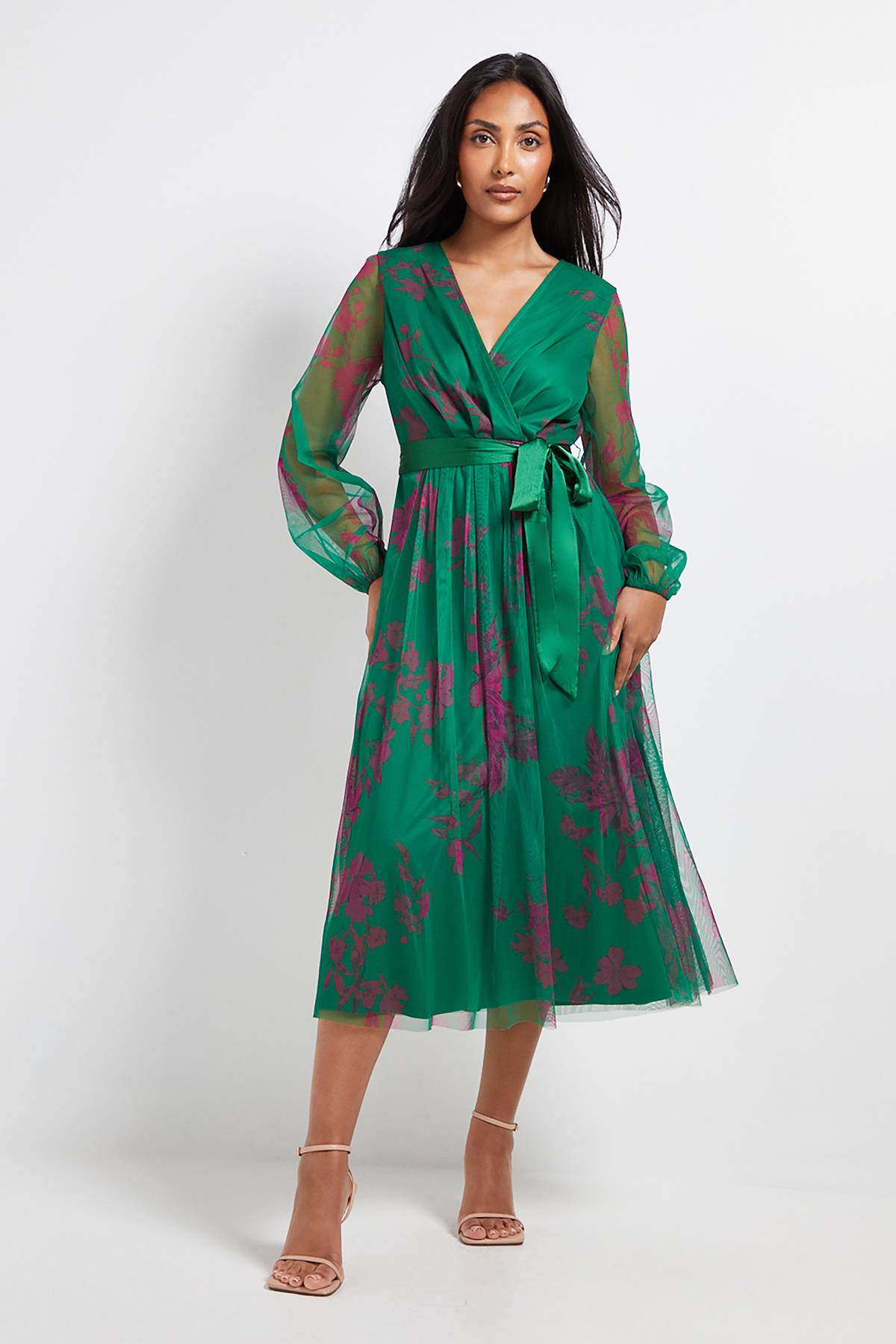 Wallis Robe Midi Petite en Mesh Floral avec Ceinture en Satin