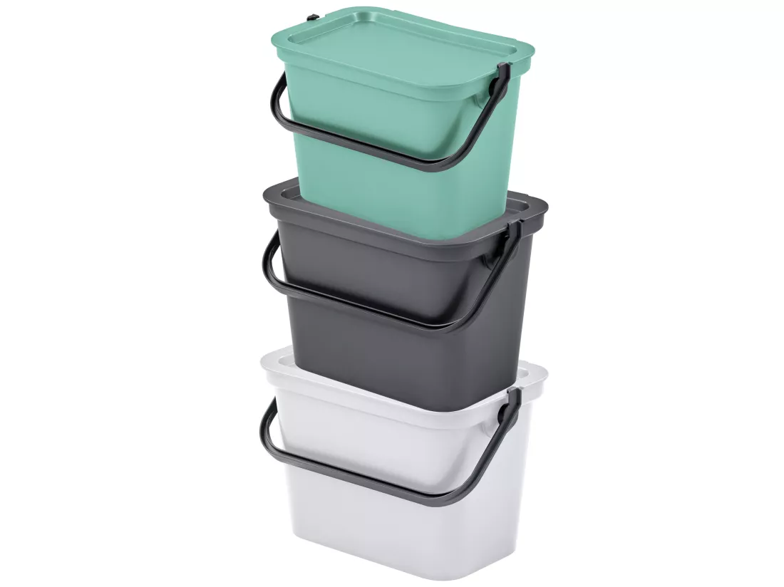 Set de 3 poubelles avec poignée graphite, sauge et blanc 5L 27,5x17,6x18,58