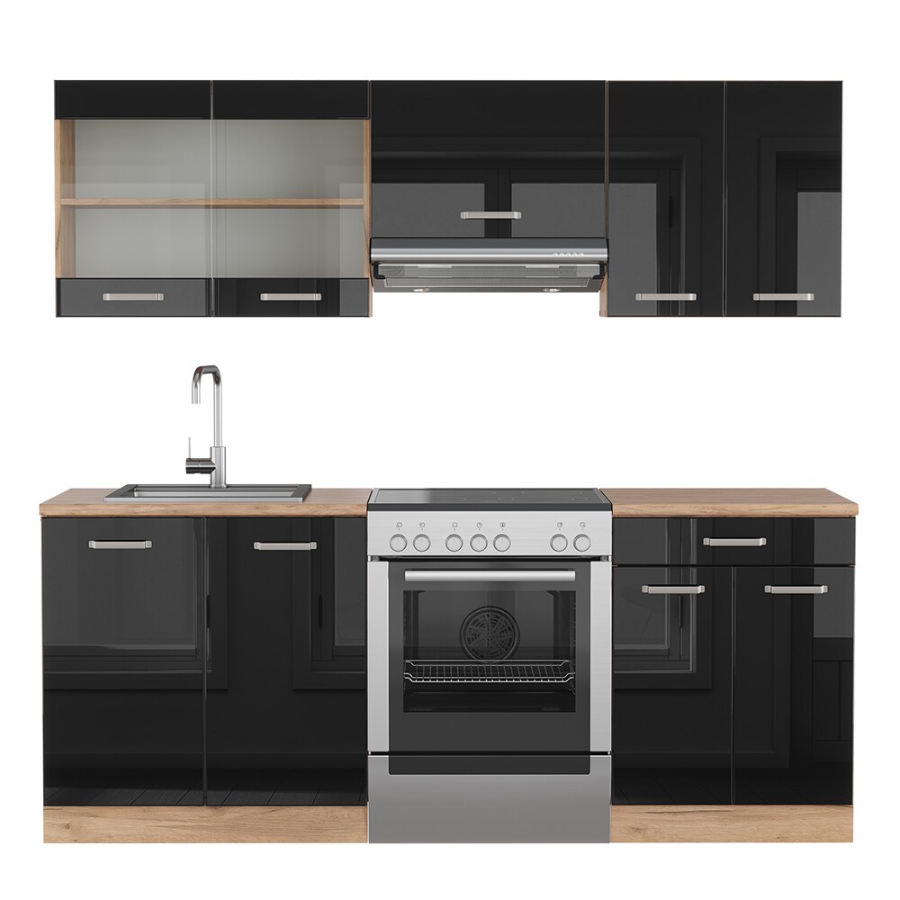 Vicco Küchenzeile R-Line Solid Eiche Schwarz 200 cm modern Küchenschränke Küchenmöbel