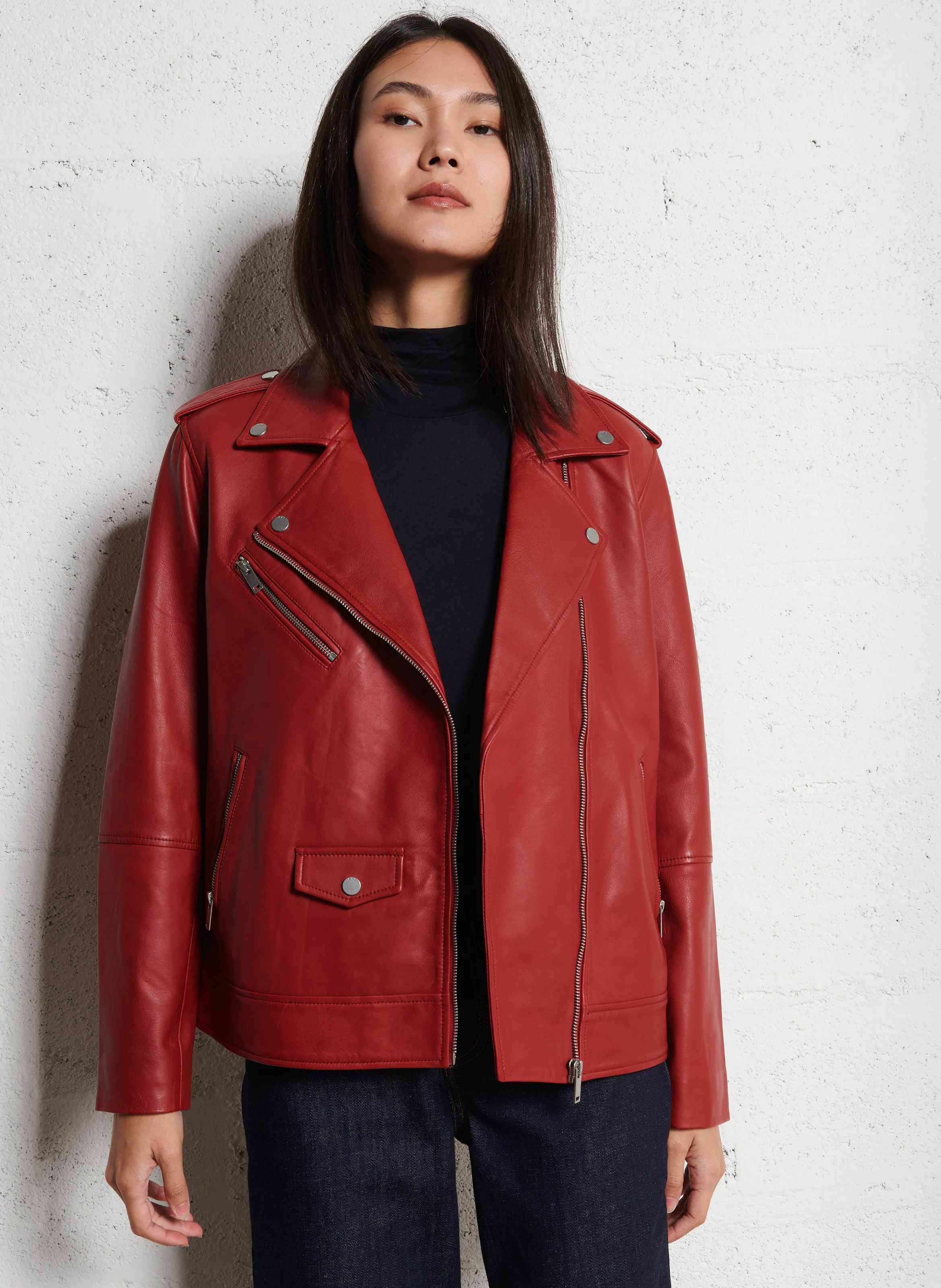 Veste ample col à revers en cuir | Rouge