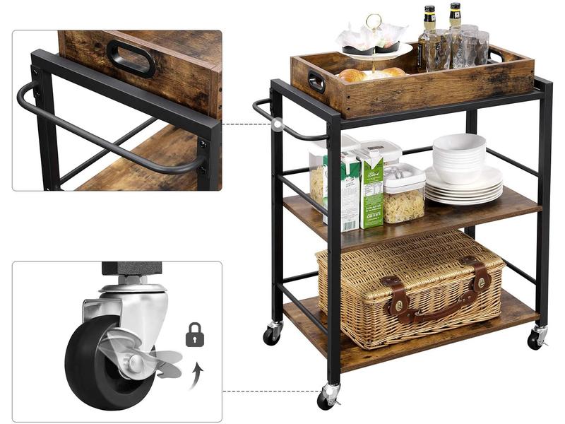 VASAGLE Bartrolley mit Tablett 65 x 86 cm, Braun/Schwarz Servierwagen auf Rollen