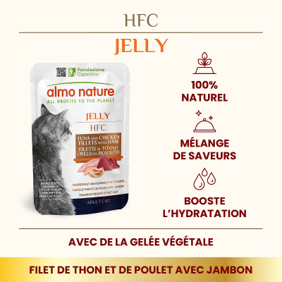 Almo Nature HFC Jelly Thunfischfilet & Hühnerfilet mit Schinken Adult Beutel 55g