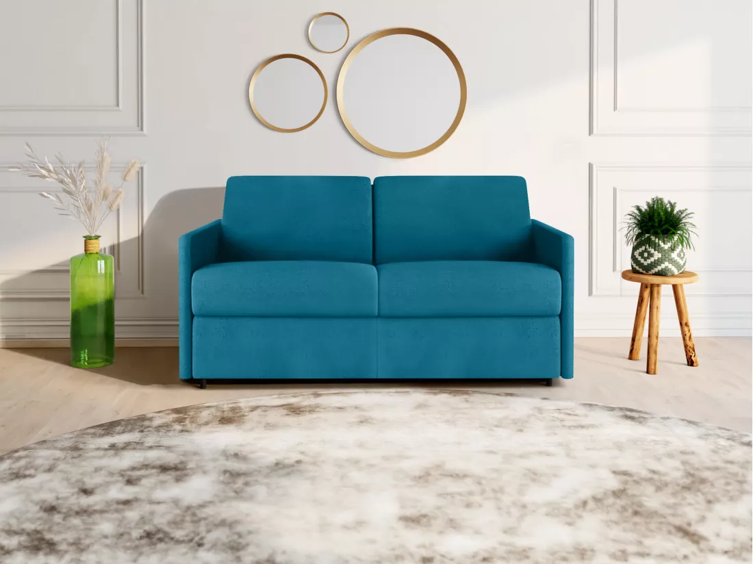 Canapé 2 places convertible express en tissu bleu turquoise - Couchage 120 cm - Matelas 14 cm CALIFE