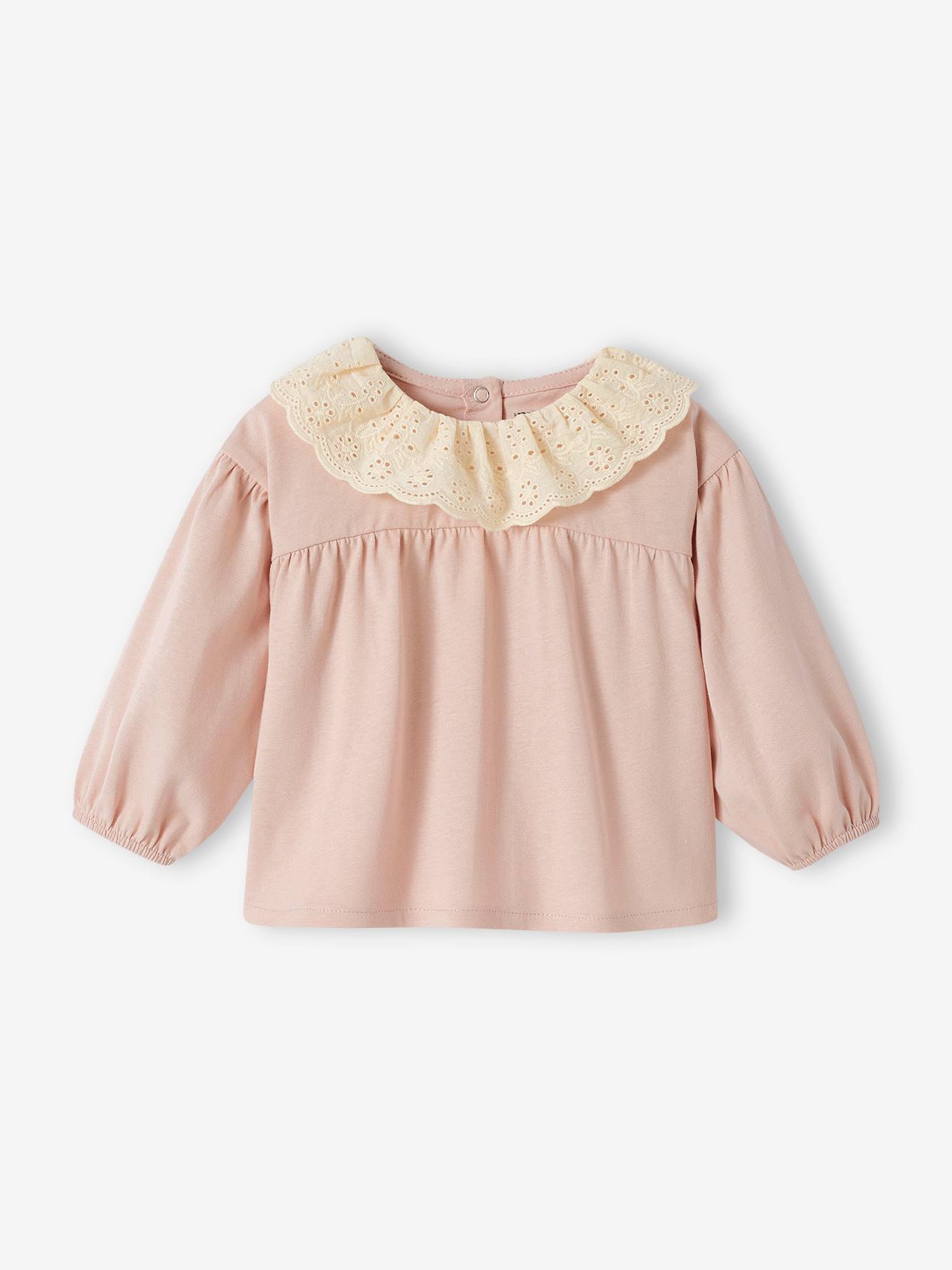 Camiseta infantil de manga comprida com gola bordada em estilo inglês, rosa claro.