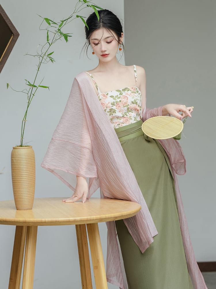 sansweet - Set: Camisole top met bloemenprint + tweekleurige maxi-kokerrok met hoge taille + effen Hanfu-jas met split