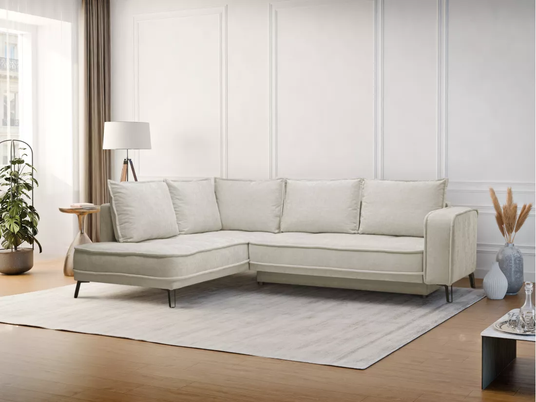 Canapé d'angle gauche convertible en tissu beige BALCORIA de Maison Céphy
