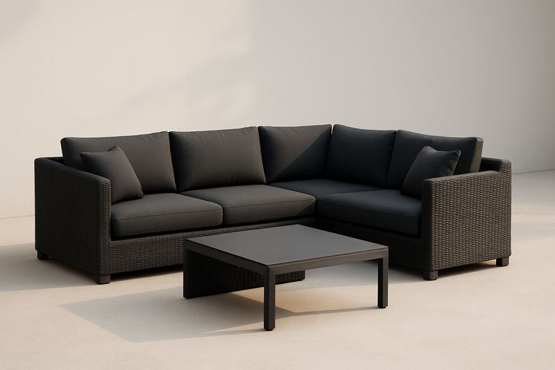 Gartensofa Set L-förmig Rattan Aluminium Dunkelgrau mit Tisch
