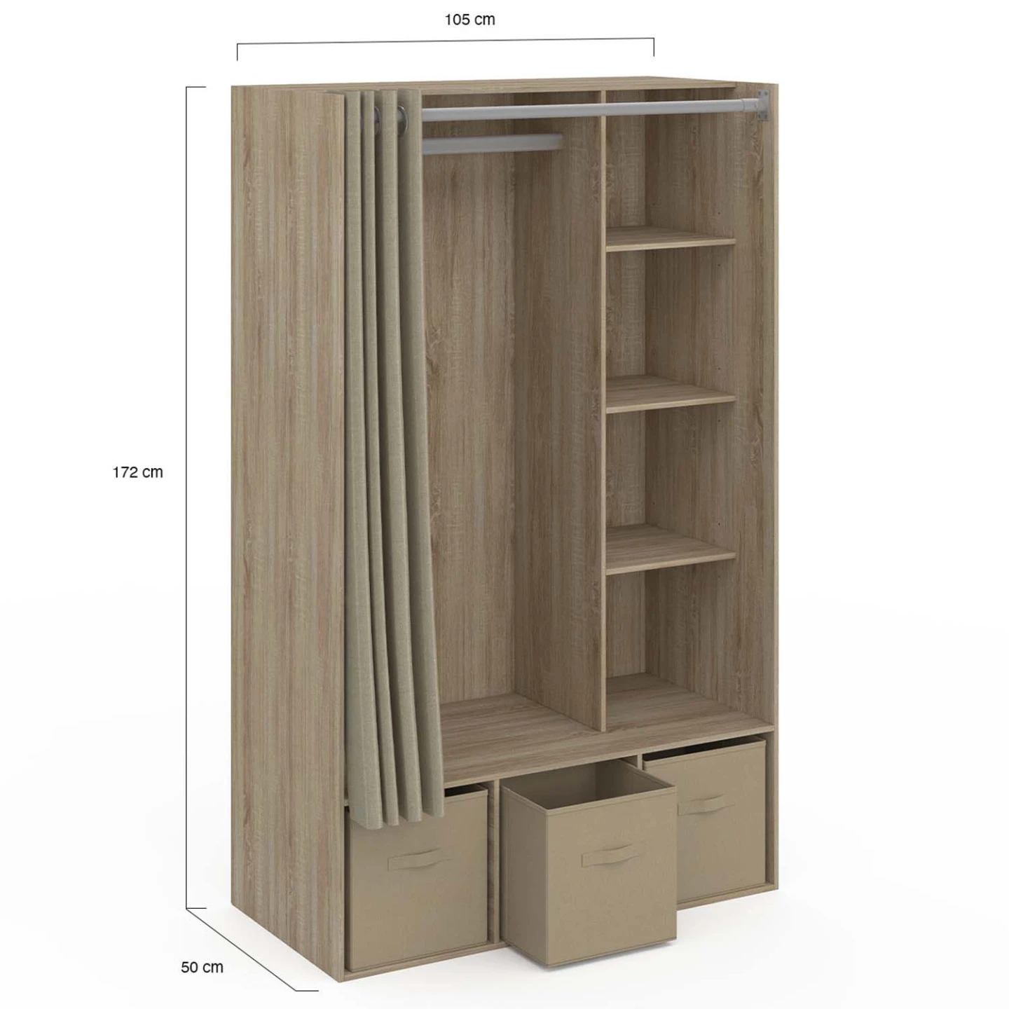 Dressing penderie DIANE 105 x 50 x 172 cm hêtre avec étagères + boites de rangement + rideau taupe