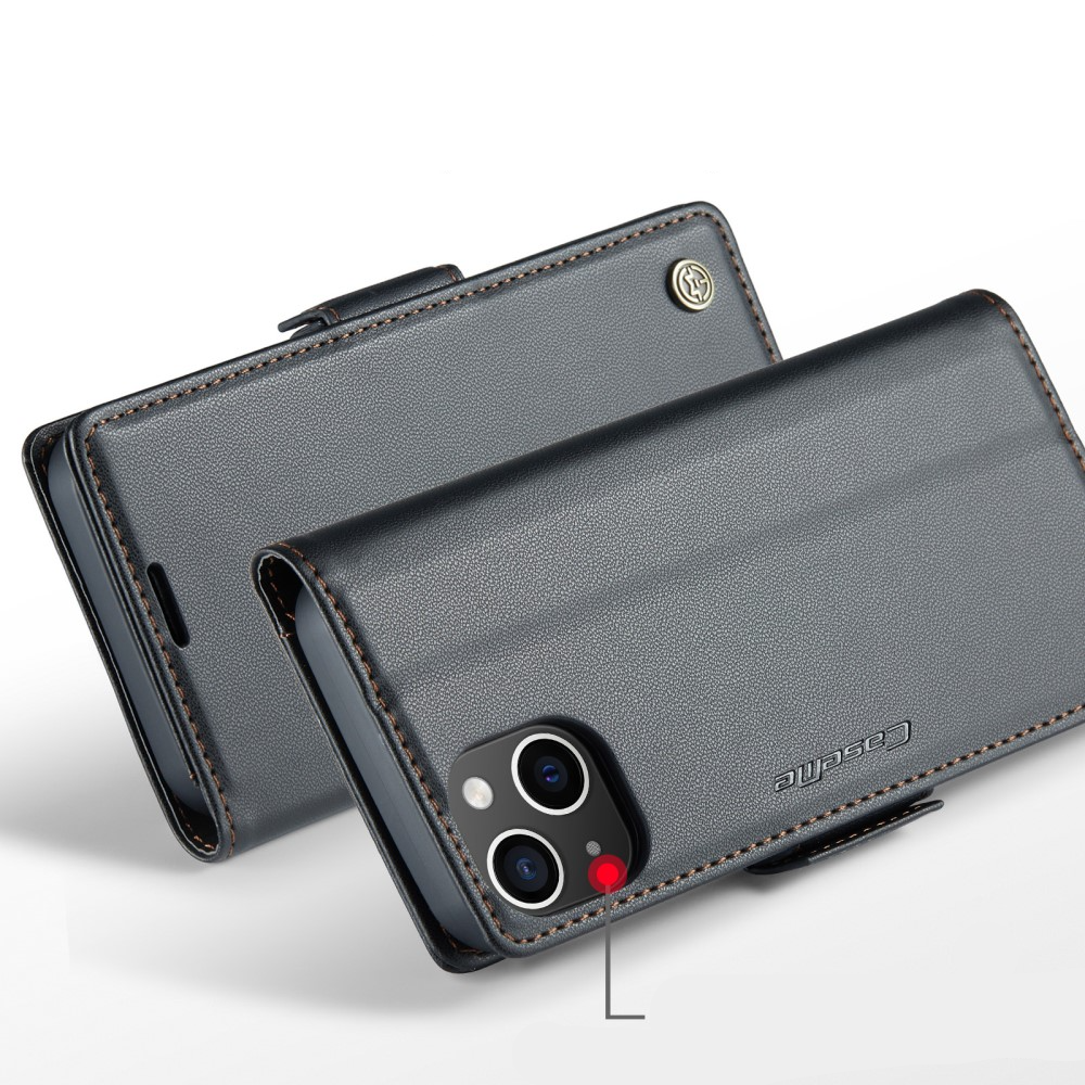 iPhone 14 Leder Tasche Flip Wallet Etui mit Kartenfächern Litchi Look (RFID Schutz) - Schwarz