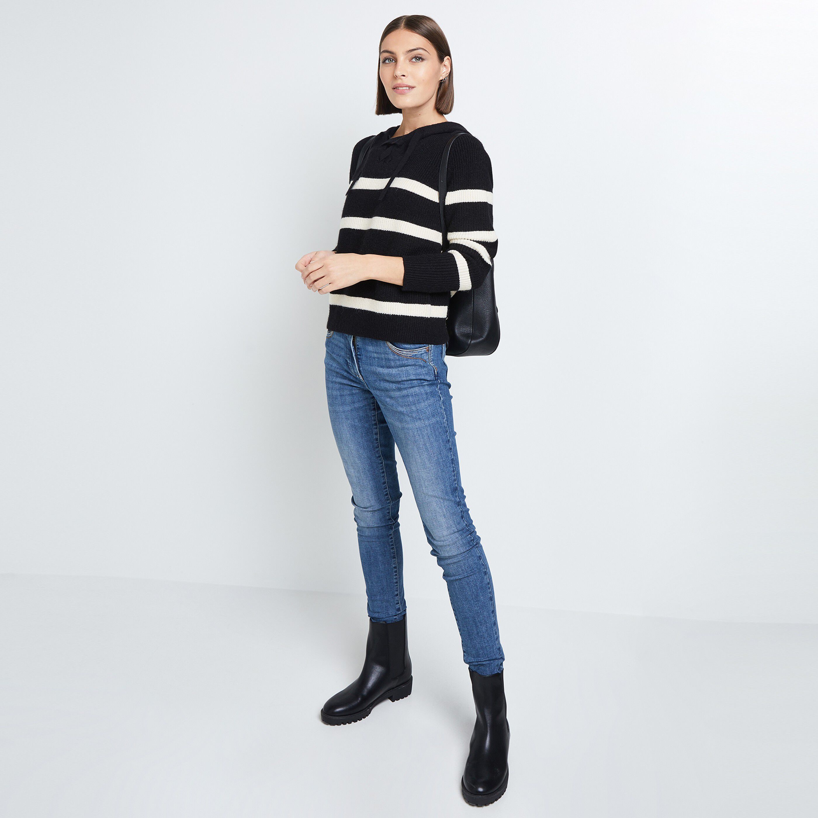 Pull marinière à capuche femme - NOIR