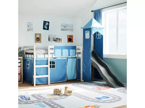 Lit mezzanine enfants avec tour bleu 80x200cm bois pin massif