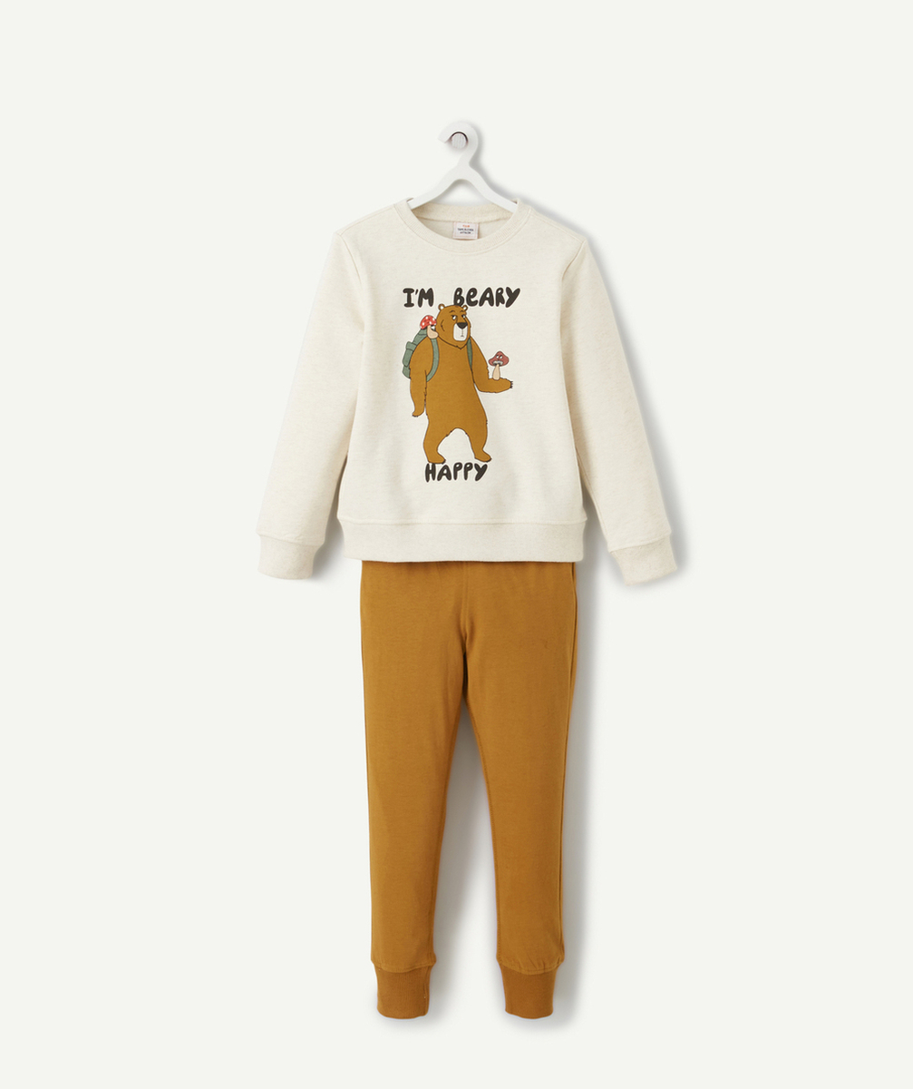 PYJAMA GARÇON EN COTON BIO ÉCRU ET MARRON MOTIF OURS