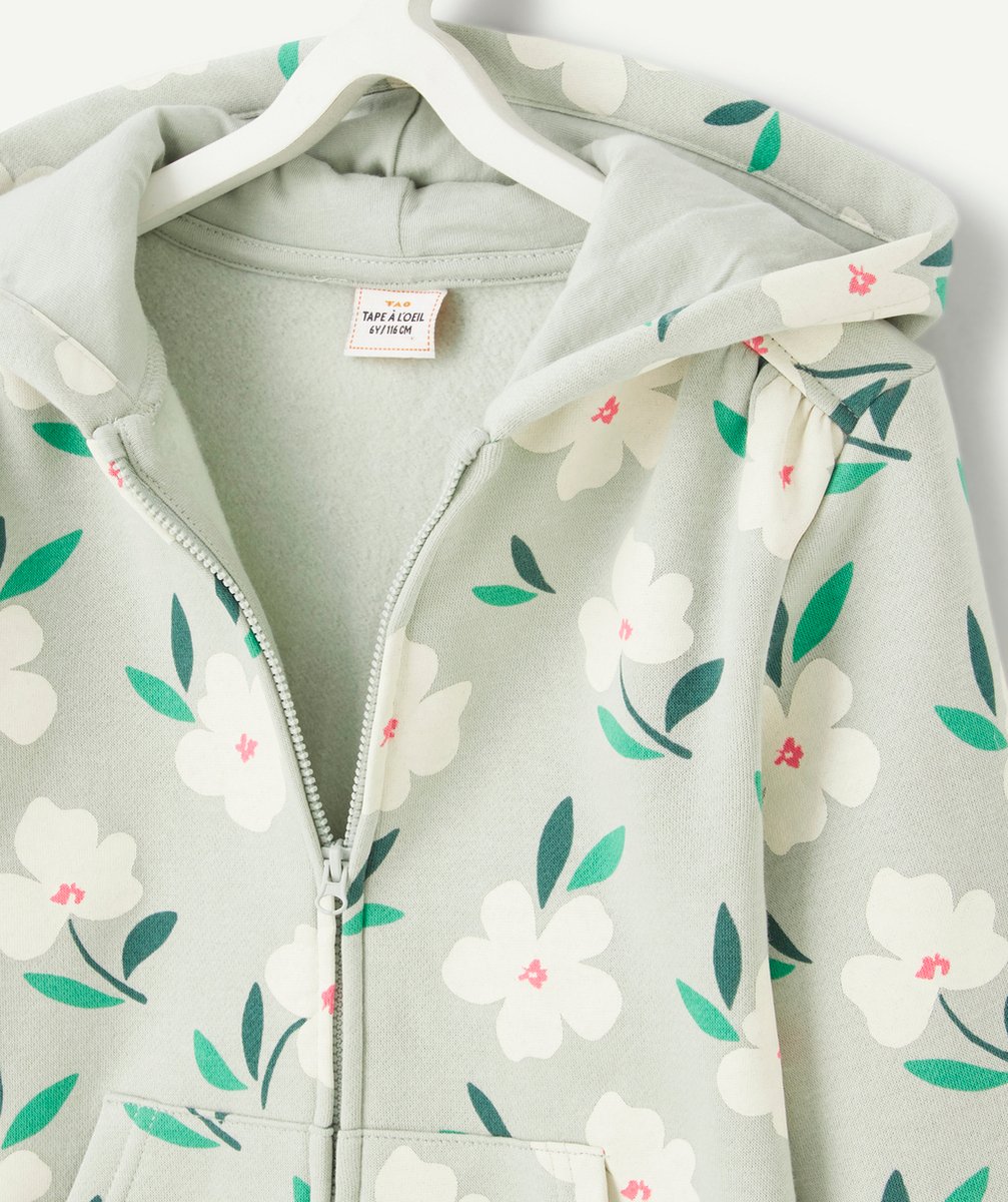 GILET À CAPUCHE FILLE EN FIBRES RECYCLÉES VERT AVEC IMPRIMÉ FLEURI