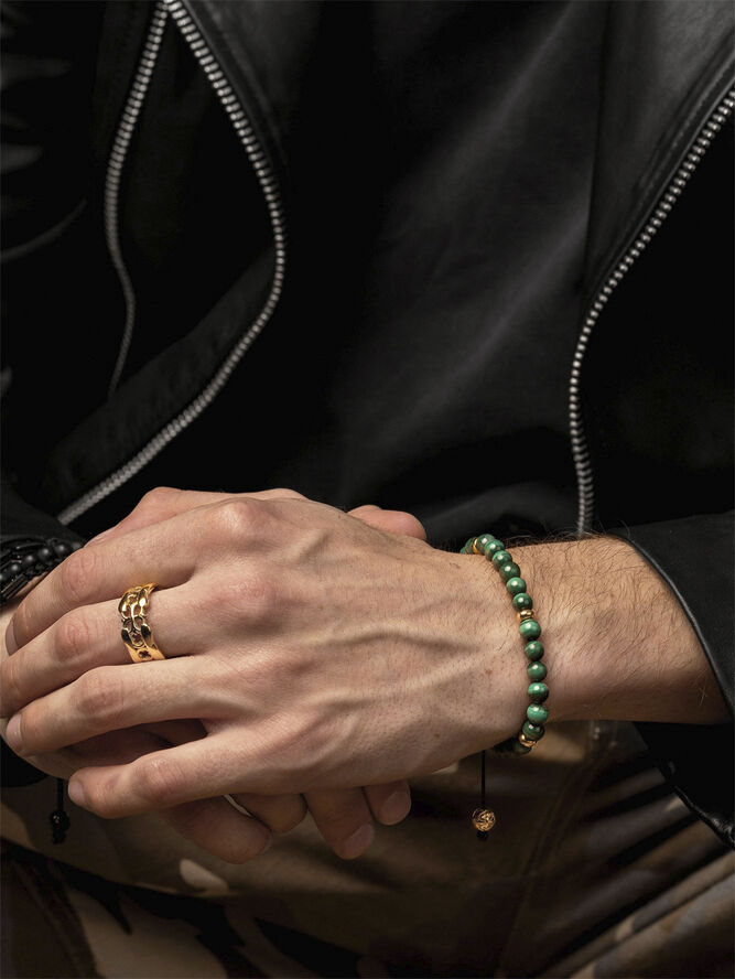 Nialaya Men's Beaded Bracelet with Malachite and Gold Plating Green