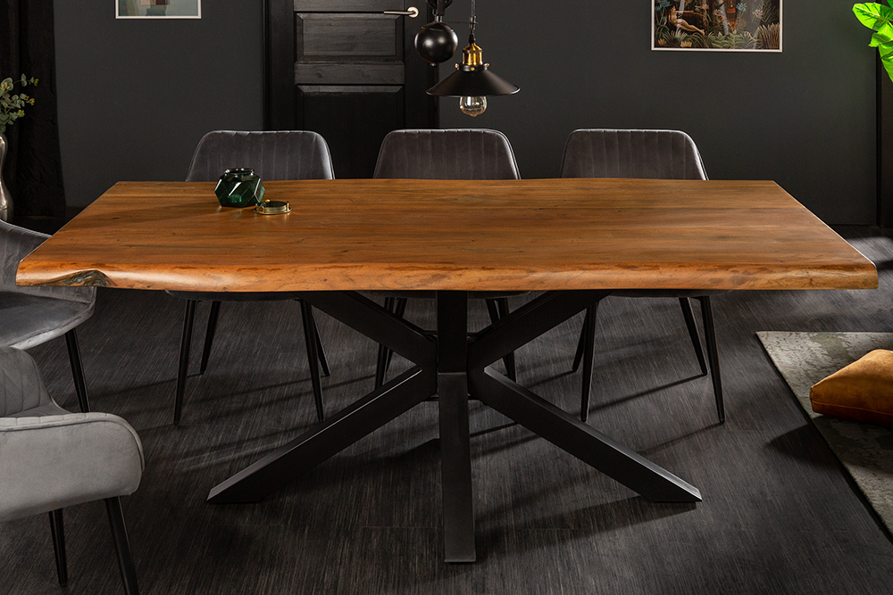 Massivholz Esstisch MAMMUT 220cm natur Akazie Sterngestell schwarz Metall Baumkante