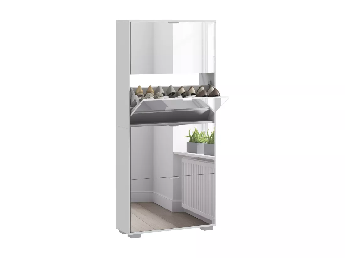 Meuble à chaussures grand miroir 2 en 1 - 4 portes abattantes, étagères réglables - blanc verre