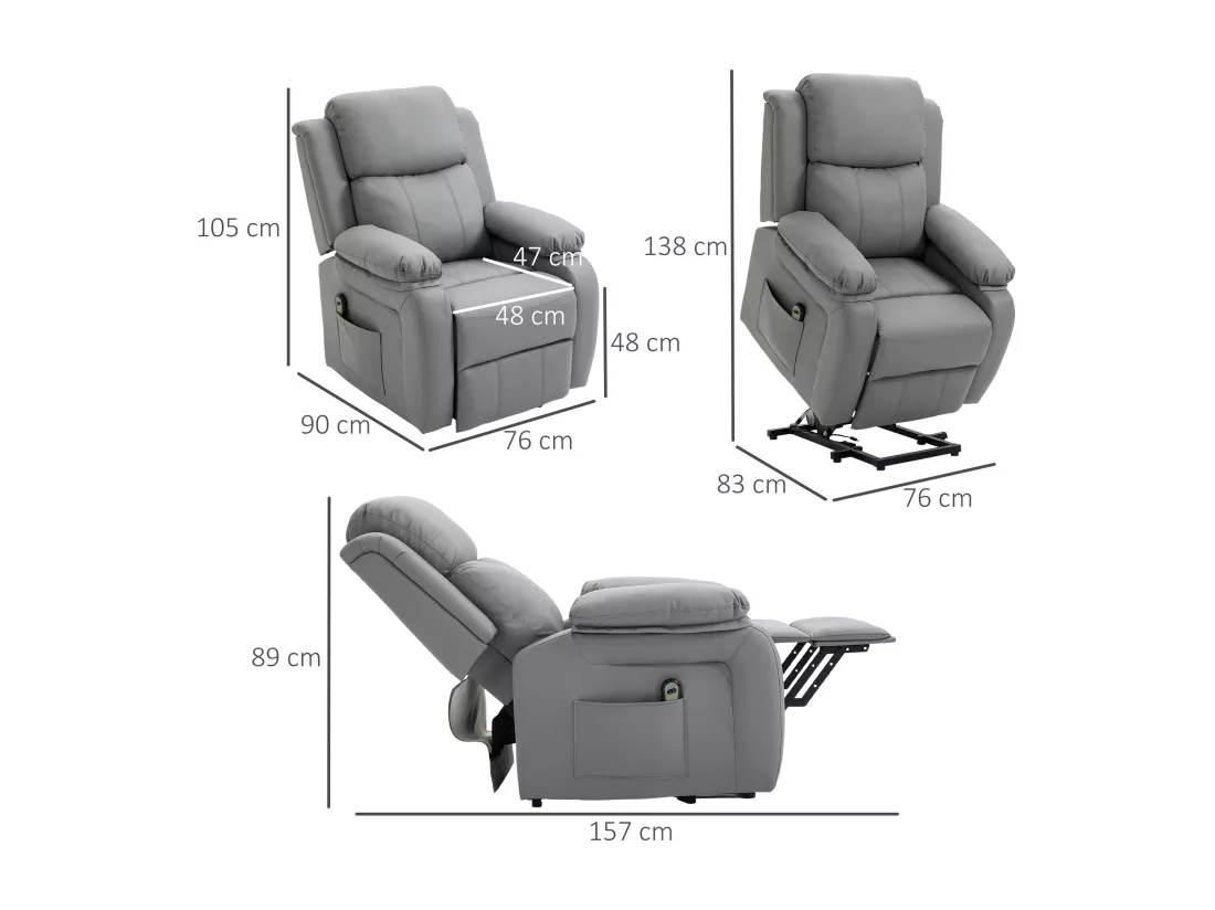 Fauteuil de relaxation électrique fauteuil releveur inclinable repose-pied ajustable revêtement synthétique gris