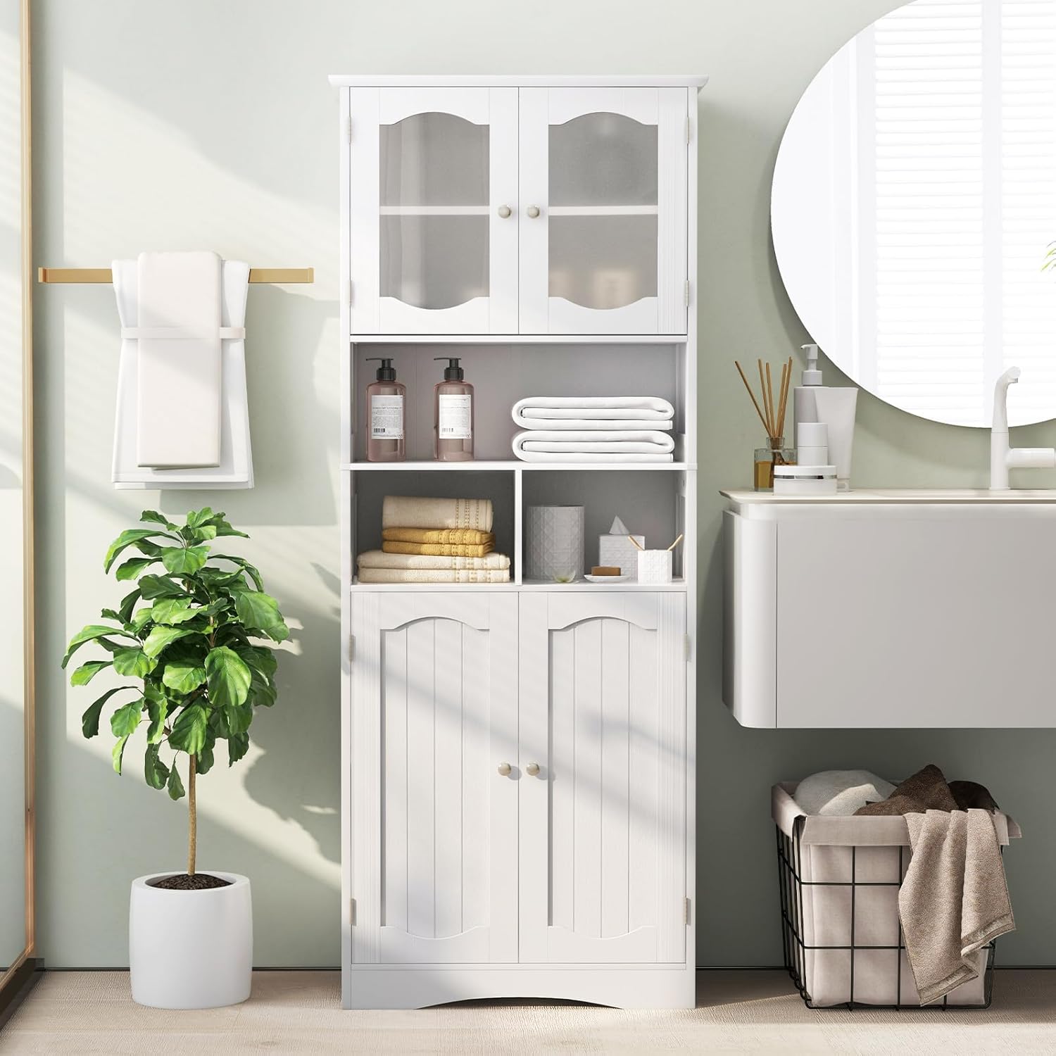 COSTWAY Badezimmerschrank, freistehender Hochschrank mit 4 Türen & Regalen & Verstellbarem Einlegeboden, Badschrank mit Kippschutz für Wohnzimmer, Badezimmer, Küche, Weiß, 60 x 30 x 148,5 cm