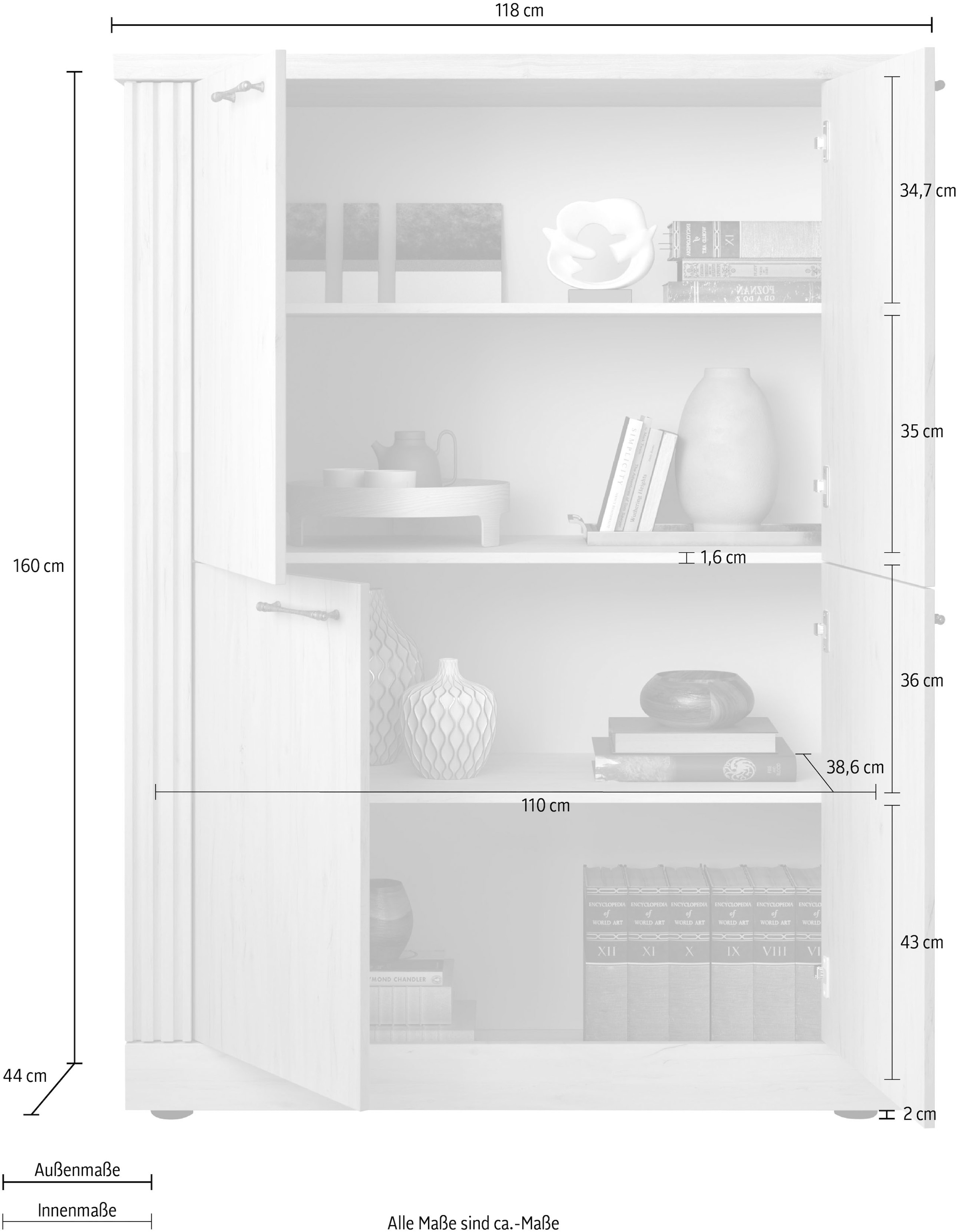 Home affaire Highboard »Country Höhe 160 cm u. Breite 118 cm, Kommode mit 4 Türen,« Schrank im Landhausstil, viel Stauraum, mit Metallgriffe, MDF-Rahmen