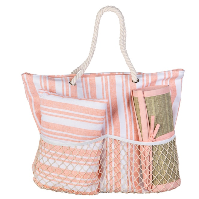 Strandtasche mit Strandmatte - rosa/weiß - aus Textil - ca. 38 x 14 x 40 cm