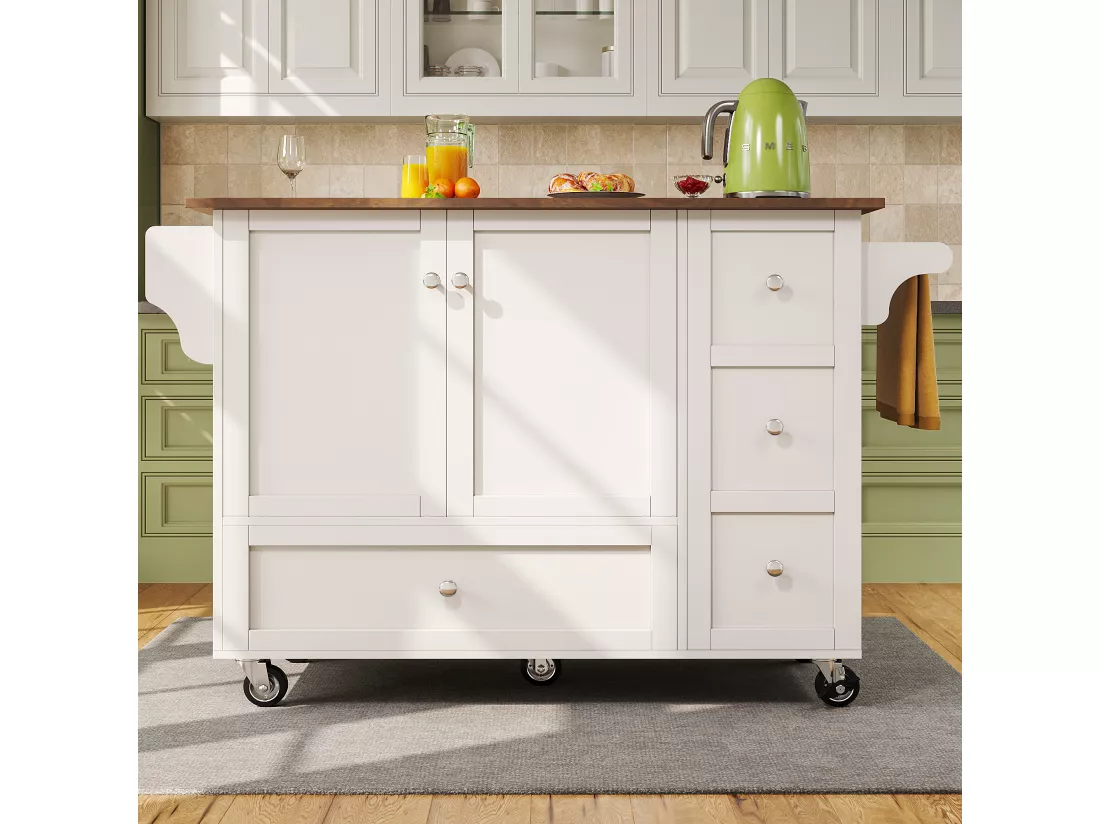 Ilot central de cuisine - chariot à roulette avec plateau extensible - 3 tiroirs et 2 portes - Blanc