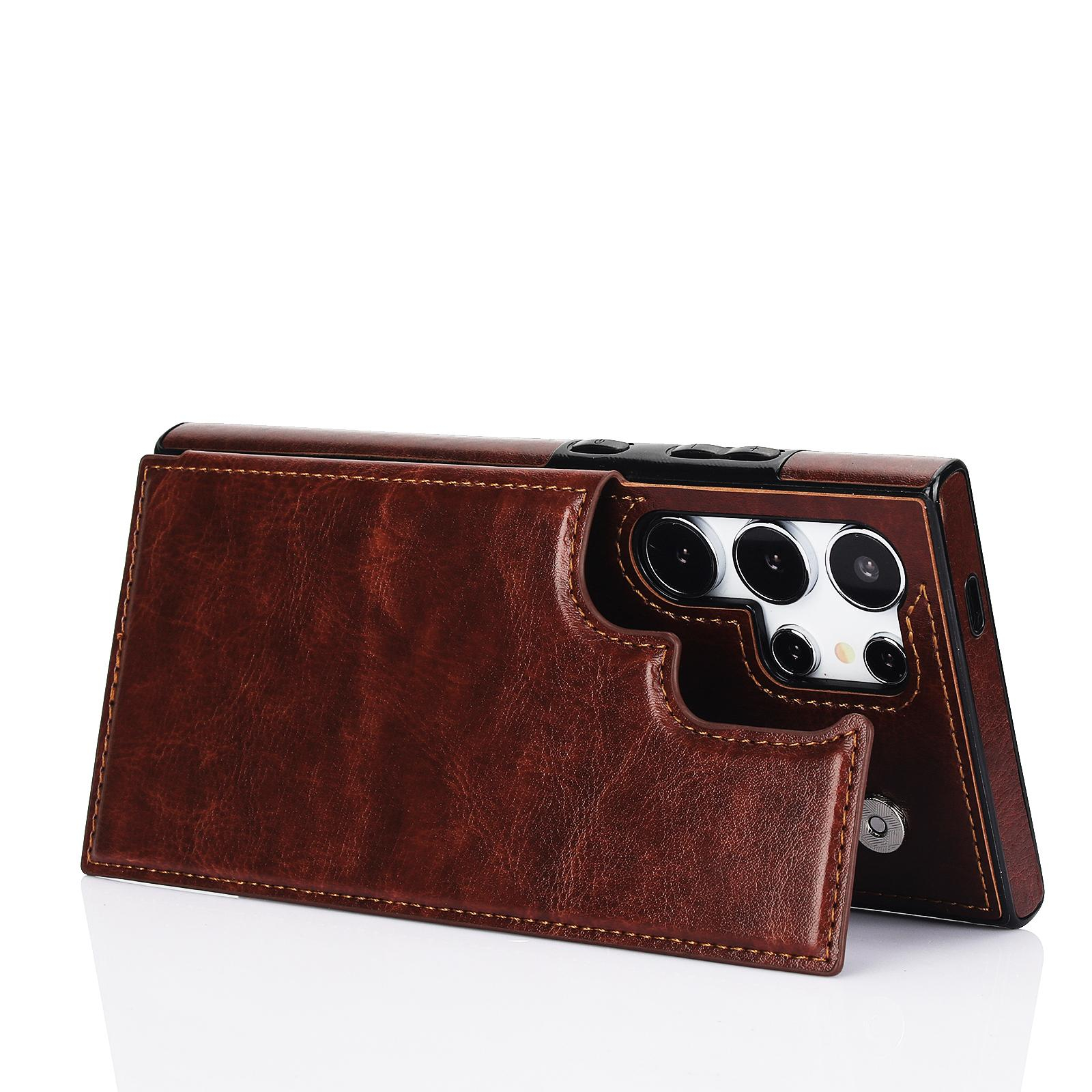 Samsung Galaxy S24 Ultra Hybrid Leder Hülle mit Kartenfach   Kickstand Aufsteller - Braun