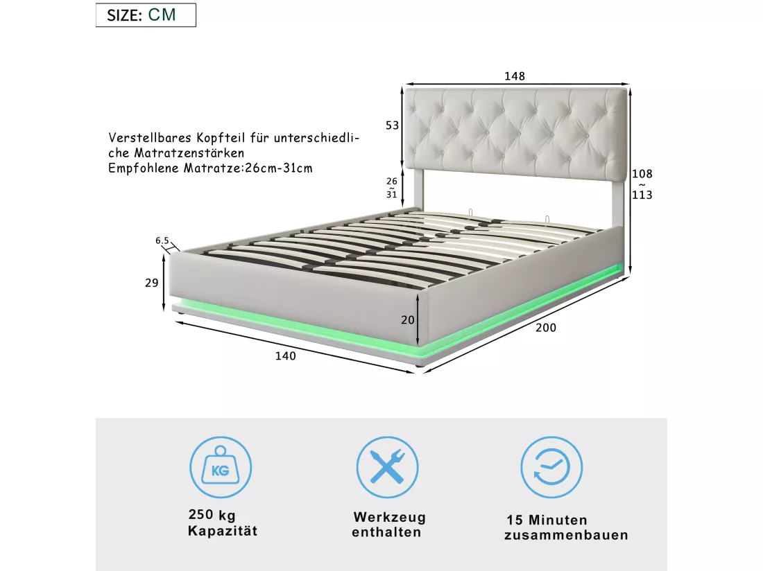 Lit 140x200cm - Espace de Rangement - Sommier à Lattes - Eéclairage LED et tête de lit relevable - Lin - Beige