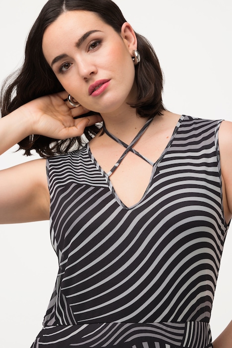 Mesh-Midikleid, grafischer Druck, V-Ausschnitt, ärmellos