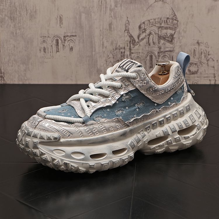Mr Ozera - Platform Sequin Distressed Lace-Up Sneakers