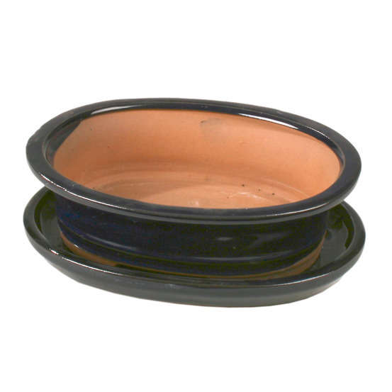 Poterie bonsaï + soucoupe, en terre cuite émaillée L. 21 x l. 17 cm